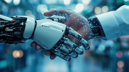 Fototapete - Futuristic robot and human handshaking.  A symbolic representation of collaboration between technology and humans in a blurred, modern industrial setting