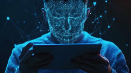 Poster - Digital face overlay on tablet user