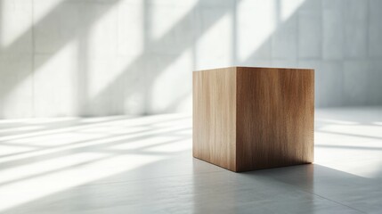 Poster - Empty wooden cube pedestal in a minimalist setting
