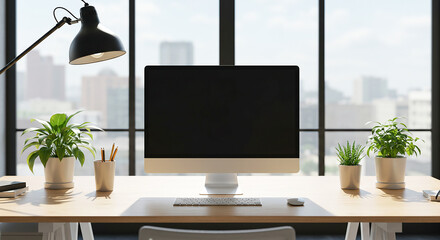 Poster - Modern office desk showing computer screen with city view and plants