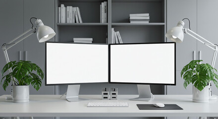 Poster - Modern workspace setup featuring two computer monitors with blank screens, perfect for showcasing designs or mockups