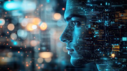 Aufkleber - Futuristic human profile with digital circuitry overlay
