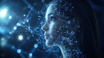Fototapete - Futuristic AI woman profile, network overlay