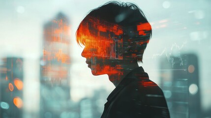 Modern woman with overlaid city and data visualizations