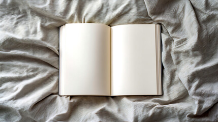 Leinwandbilder - A blank open book resting on soft wrinkled fabric creating a calm and tranquil setting for reflection or writing : Generative AI