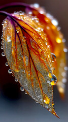 Leinwandbilder - Closeup of a beautifully textured leaf with droplets of water reflecting light for a stunning natural effect : Generative AI
