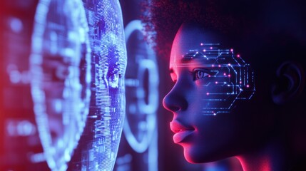 Fototapete - Woman with futuristic face overlay, looking at holographic world map
