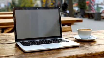 Fototapete - Modern laptop on a rustic wooden table beside a freshly brewed coffee cup and an inviting café setting : Generative AI