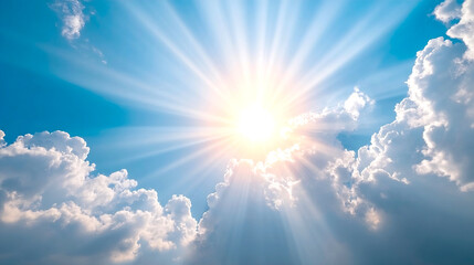 Poster - Bright and Radiant Blue Sky with Sun Rays Shining Through the Clouds : Generative AI