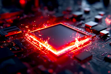 Aufkleber - Hot glowing computer chip with bright red lights on a dark circuit board background suitable for technology designs : Generative AI