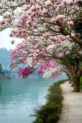 Poster - Stunning scene of blooming magnolia trees along a serene lake surrounded by lush greenery : Generative AI