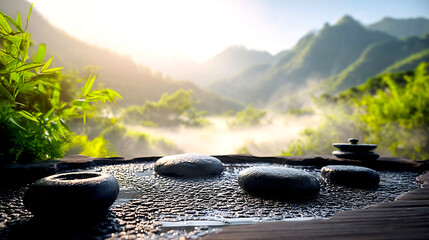 Poster - Tranquil Zen Garden with Stones and Lush Mountains in the Background Featuring Gentle Mist : Generative AI