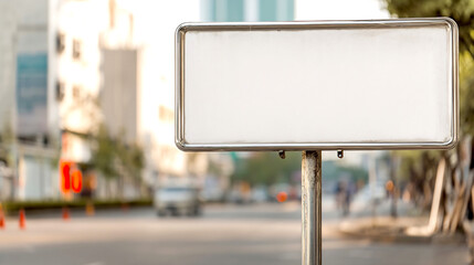 Poster - Blank white street sign standing on a city sidewalk with blurred urban background : Generative AI