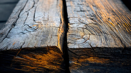 Aufkleber - Detailed view of rustic wood texture showcasing natural cracks and sunlight highlighting the grain pattern : Generative AI