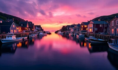 Wall Mural - Tranquil harbor sunset: boats gently rocking in blissful evening glow