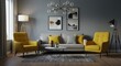 © Jersey - Modern living room with yellow accents, geometric art, and a unique chandelier