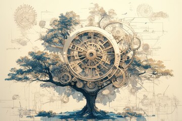  A tree with intricate clockwork mechanisms integrated into its branches and trunk, surrounded by sketches