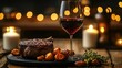 © rcf - Grilled steak, roasted potatoes, and red wine for a romantic dinner.