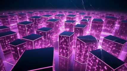 Wall Mural - dynamic movement of neon pink glowing cubes in futuristic digital landscape