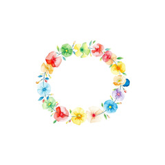 Wall Mural - vibrant floral wreath composed of colorful flowers and green leaves, arranged in circular pattern, c