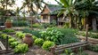 © Jkw Design - Small vegetable garden in Ban Tom featuring basil, lettuce, and scallions near traditional wooden houses.