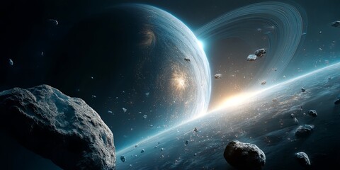Wall Mural - stunning cosmic scene of planets, asteroids, and ethereal light in vast universe with deep space bac