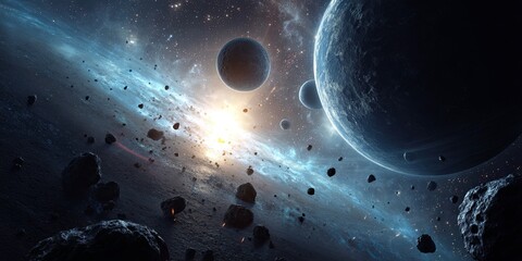 Wall Mural - stunning cosmic scene of planets, asteroids, and ethereal light in vast universe with deep space bac
