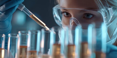 Leinwandbilder - Female Scientist Conducts Experiment with Test Tubes and Pipette in Modern Laboratory Environment Focused on Chemistry and Research Innovations