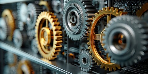 Poster - Abstract concept of interconnected gears and cogs symbolizing machinery, teamwork, engineering, productivity, and technology in a modern server room setting