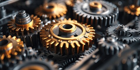 Poster - Abstract concept of interconnected gears and cogs symbolizing machinery, teamwork, engineering, productivity, and technology in a modern server room setting