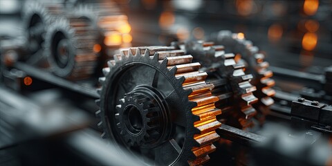Poster - Abstract concept of interconnected gears and cogs symbolizing machinery, teamwork, engineering, productivity, and technology in a modern server room setting