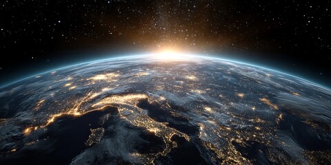 Poster - Stunning Earth Perspective with Starry Background and Bright Lights Illustrating Global Connectivity and Technological Advancement in Space