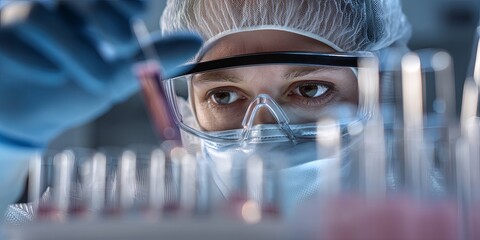 Leinwandbilder - Scientist Analyzing Sample in Laboratory, Wearing Protective Gear, with Test Tubes and Equipment in Background, Focus on Research and Experimentation