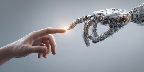 Aufkleber - Human Hand Reaching Towards Futuristic Robotic Hand in a Symbolic Connection of Technology and Humanity, Representing Innovation and Collaboration