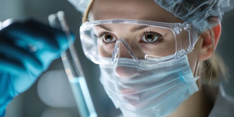 Leinwandbilder - Female scientist conducting experiment in laboratory, wearing protective gear, focusing on test tube, with natural light and blurred background.