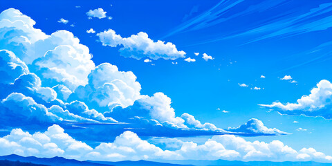 a bright blue sky with fluffy white clouds creates a beautiful cloudscape on a clear summer day
