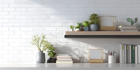 Aufkleber - Modern Minimalist Office Shelf with Green Plants and Organizers Against a Bright White Brick Wall for a Clean Workspace Aesthetic