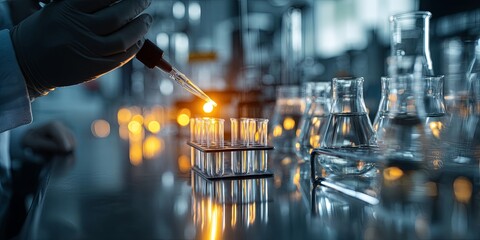 Leinwandbilder - Laboratory research scene with test tubes, pipette, and scientist working on analysis in modern facility, showcasing scientific exploration and discovery