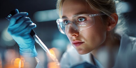 Leinwandbilder - Female Scientist in Laboratory Conducting Research with Pipette While Wearing Protective Gear and a Lab Coat Inside a Modern Lab Environment