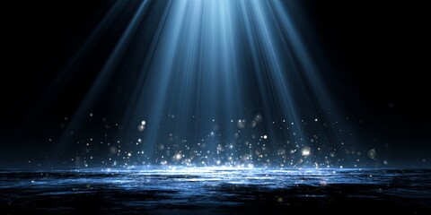 Aufkleber - Mystical Blue Light Rays and Sparkles Emanating from a Sparkling Surface in a Dramatic Dark Background for Captivating Visual Effects