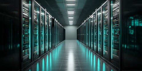 Leinwandbilder - Dark Server Room with Rows of High-Tech Data Storage Units, Illuminated Panels, Modern Technology Environment, Digital Computing Infrastructure
