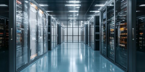 Leinwandbilder - Modern Data Center Interior with Rows of Technology Racks and Servers in a Clean, High-Tech Environment for IT Infrastructure Management