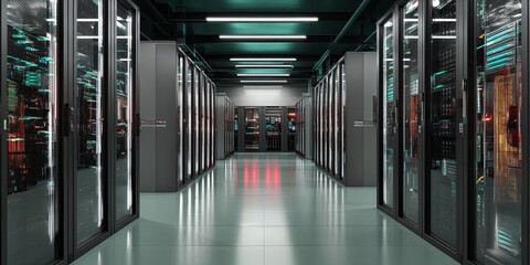 Leinwandbilder - Modern Data Center Interior with Rows of Technology Racks and Servers in a Clean, High-Tech Environment for IT Infrastructure Management