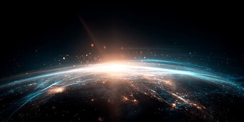 Poster - Stunning Digital Representation of Earth with Bright Lights, Data Streams, and Bright Stars in a Cosmic Space Background for High-Tech Visuals