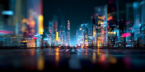 Poster - Futuristic cityscape with neon lights and digital data streams creating an immersive visual experience of technology and modernity in urban environments