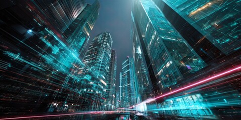 Poster - Futuristic cityscape with neon lights and digital data streams creating an immersive visual experience of technology and modernity in urban environments