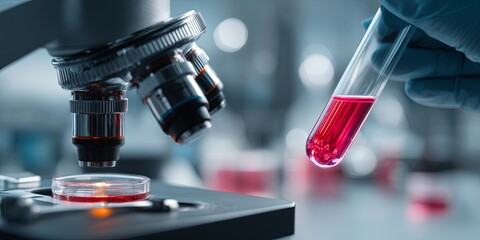 Leinwandbilder - Laboratory Environment with Microscope and Scientist Holding Test Tube with Red Liquid in Modern Research Facility
