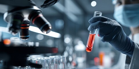 Leinwandbilder - Laboratory Environment with Microscope and Scientist Holding Test Tube with Red Liquid in Modern Research Facility