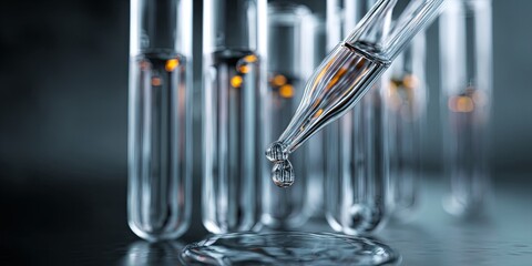 Leinwandbilder - Transparent glass test tubes with a dropper releasing a droplet in a laboratory setting, focusing on scientific experimentation and medical research