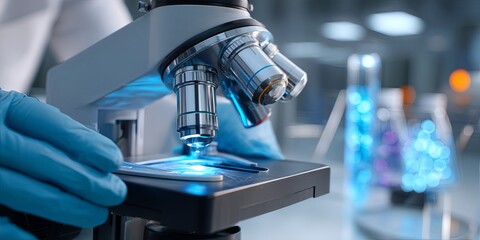 Leinwandbilder - Close-Up View of a Scientist Using a Microscope for Analysis in a Laboratory Environment with Blue Gloves in a Professional Setting